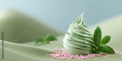 a swirl of matcha soft serve ice cream on top, with mint leaves and pink colored sesame seeds around it. the background is green sand dunes.