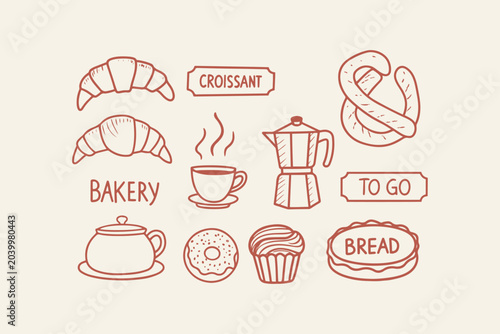 Fotografie Set of hand-drawn bakery icons including croissants and coffee maker with bread