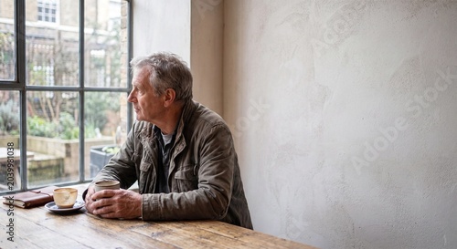 Thoughtful senior man sitting by a large window, holding a coffee cup and looking out, enjoying a quiet moment of contemplation in a cozy interior.