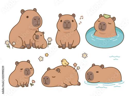 Set of Adorable Capybara Illustrations Featuring Bathing and Resting Poses with Floral Accents