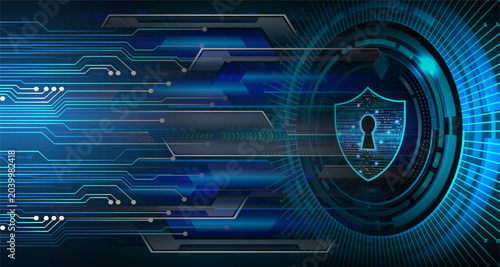 Bilde på lerret Blue cyber security lock on dark digital background, with glowing binary, code a