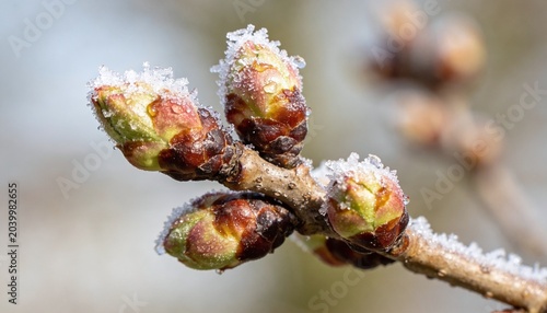 Close-up of vibrant tree buds covered in sparkling white frost, hinting at the challenging yet beautiful transition from deep winter to the promise of spring's rebirth and growth on a clear, cold day
