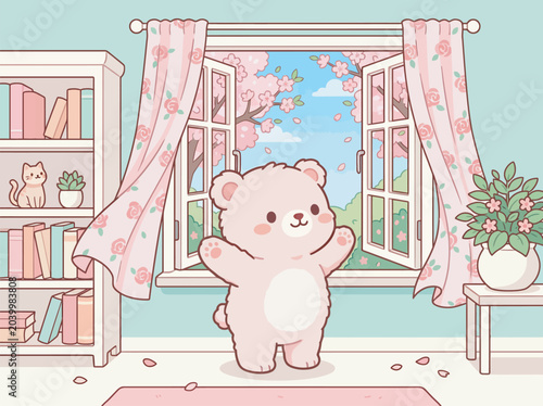 Cute pink bear character near an open window with pink rose curtains, cherry blossom trees, sunlit room, bookshelf with cat decor, sweet aesthetic