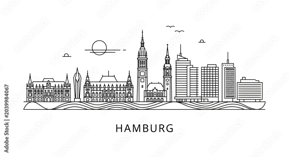 Fototapeta premium Hamburg Germany Skyline Line Art Vector Illustration