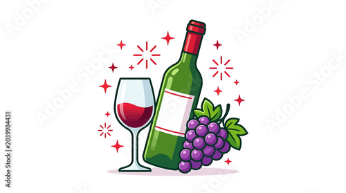 Wine bottle and glass with grapes and red sparkles on white background