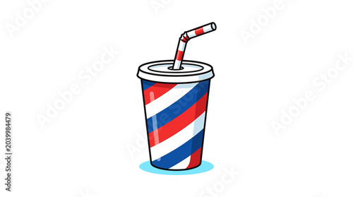 Colorful striped disposable cup with straw for cold drinks