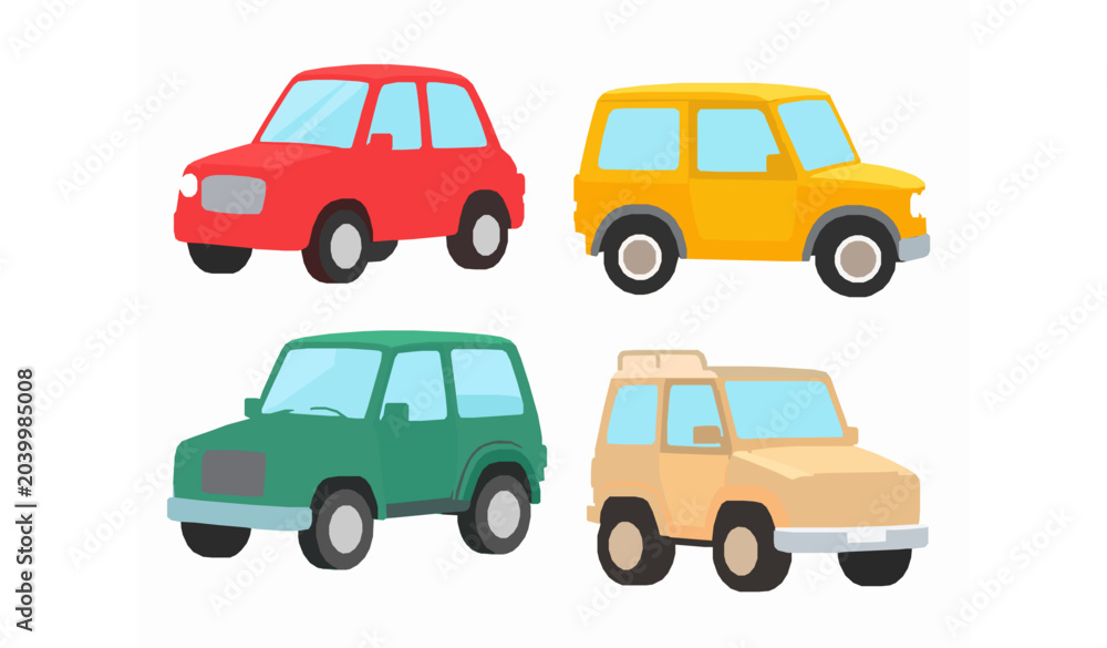 Obraz premium Colorful Flat Cartoon Vehicle Set with Sedan SUV Jeep and City Car Vector Design