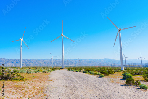 White Wind Turbines on Desert Road in North Palm Springs