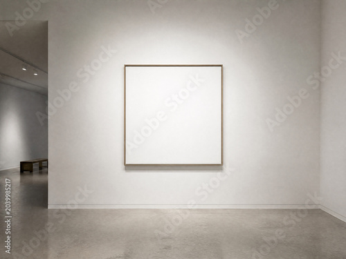 Square frame mockup for wall art display and gallery presentation in minimalist exhibition space with white wall, polished concrete floor and soft shadows
