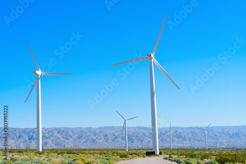 Wind Turbines in North Palm Springs Desert with Mountains