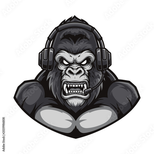 Angry Gorilla Gamer with Headset on White Background