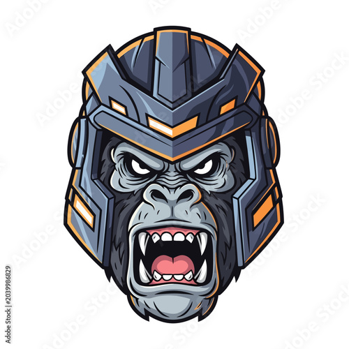 Angry gorilla head illustration with robotic helmet.