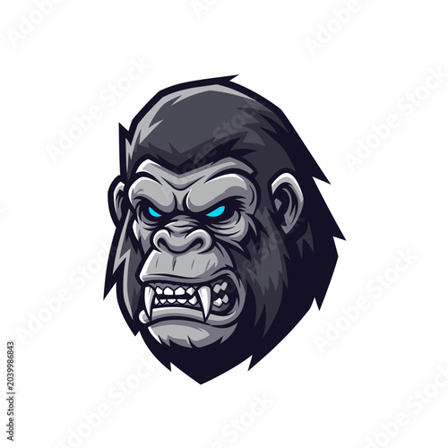 Angry Gorilla Head Illustration with Blue Eyes - Vector Mascot