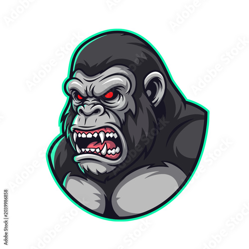 Angry Gorilla Illustration, Aggressive Ape Head Graphic