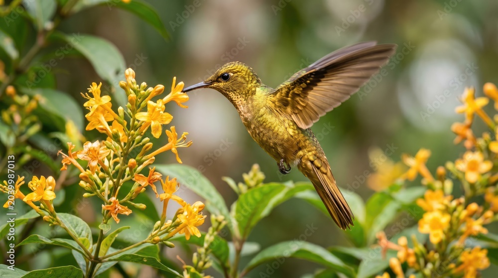 Fototapeta premium Hummingbird in flight, sipping nectar from yellow flowers in garden