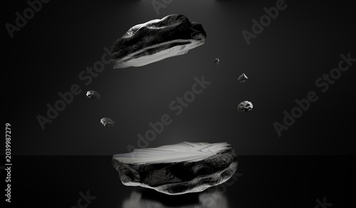 Futuristic floating stone pedestal with levitating asteroids on dark background
