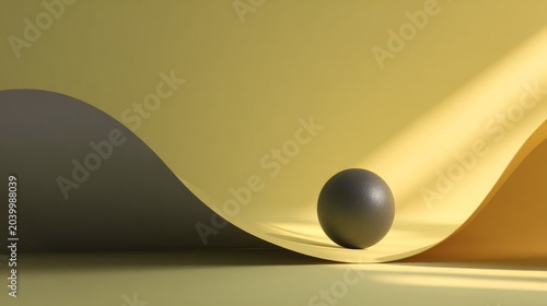 Dark sphere rests upon a curving surface illuminated by dramatic sidelight