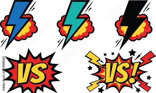 Tableau sur toile Comic Book VS Battle Icons and Lightning Symbols with Pop Art Explosion Effects