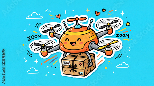 Cute drone delivering a package with zoom effect, concept of fast delivery and technology