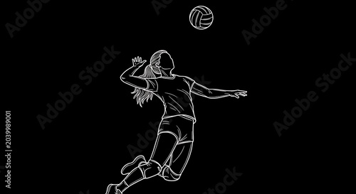 Female volleyball player spiking ball in dynamic black and white illustration