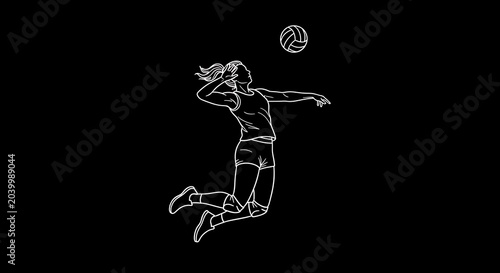Female volleyball player jumping to spike ball line art illustration