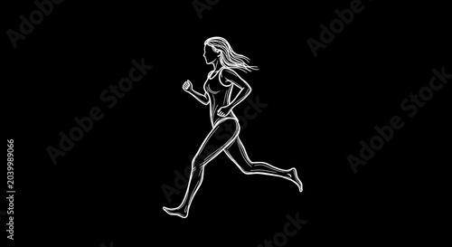 White outline drawing of a woman running on black background