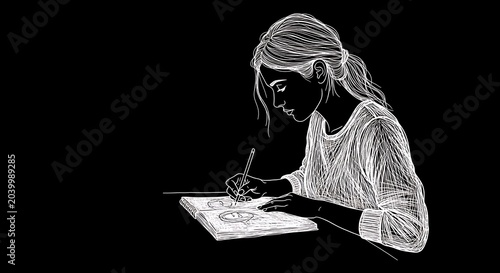 Young woman sketching in notebook, black and white line art illustration