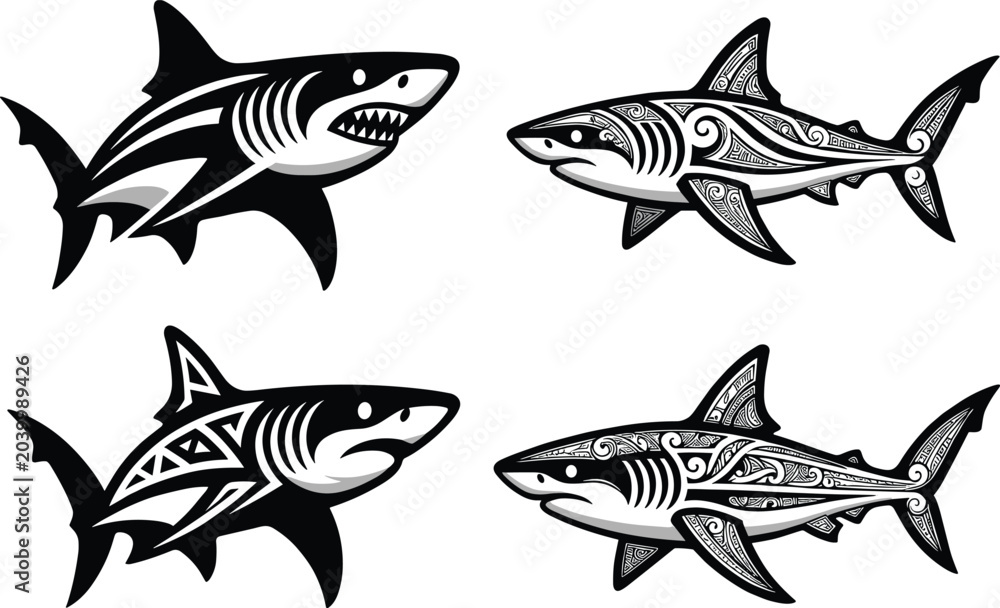 Fototapeta premium Tribal Shark Vector Collection with Polynesian Patterns and Decorative Marine Wildlife Illustrations
