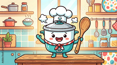 Cute cartoon cooking pot character with a chef's hat holding a wooden spoon in a kitchen setting