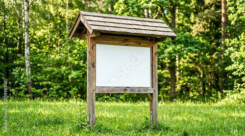 Empty wooden information sign with a clean white board in a lush green forest, offering space for custom text