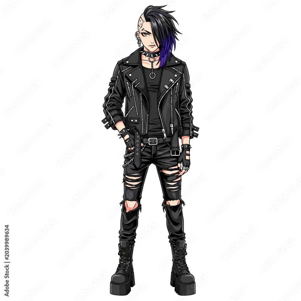 Fototapeta premium Anime Style Punk Rocker, Full Body Portrait, White Background