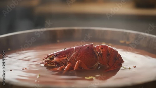 Fresh Red Lobster Cooking in a Wooden Bowl