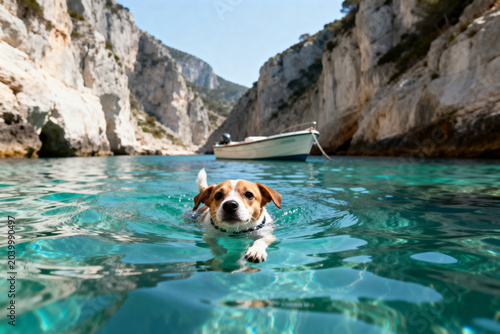 Small dog swimming in clear blue water near rocky cliffs with a boat in the background