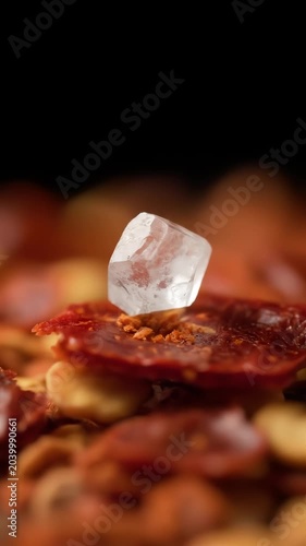 Single Clear Crystal Resting on Dried Red Chili Pepper
