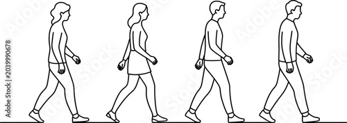 Continuous line drawing people walking, simple minimalist vector illustrations, four individuals in motion, black and white