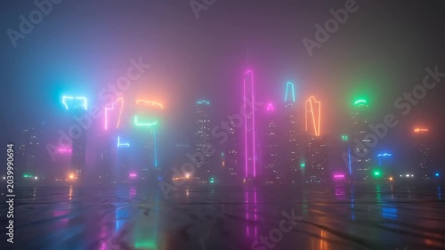 Neon City Skyline Glowing in Thick Evening Fog