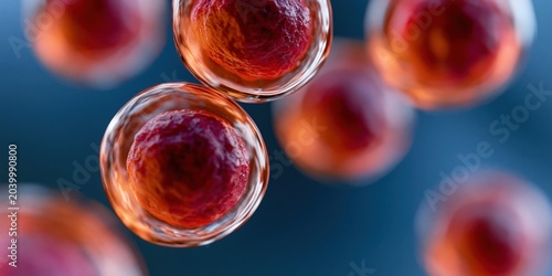 An abstract representation of red biological cells under a microscope, illustrating the intricate beauty of life at a cellular level with a vibrant and scientific touch.