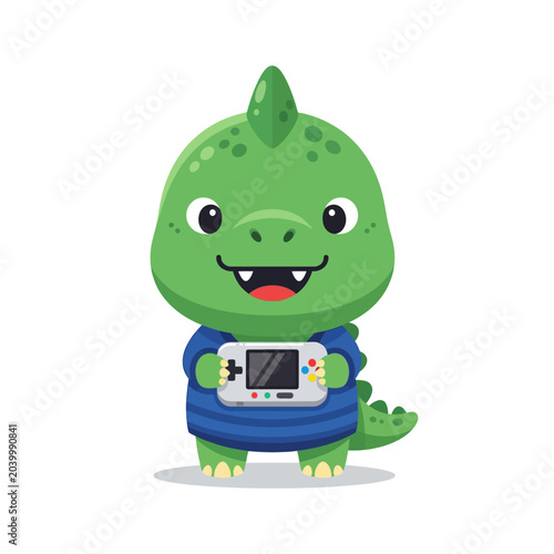 Cute cartoon dinosaur character playing handheld game console