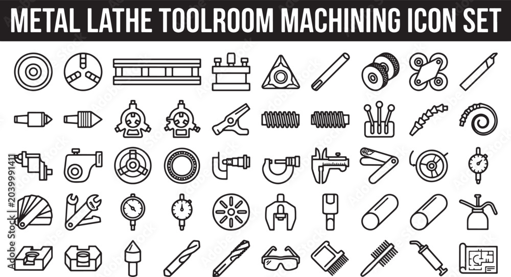 Fototapeta premium Metal Lathe Toolroom Machining Icon Set Featuring Industrial Equipment Components and Precision Measurement Tools in Vector Line Art