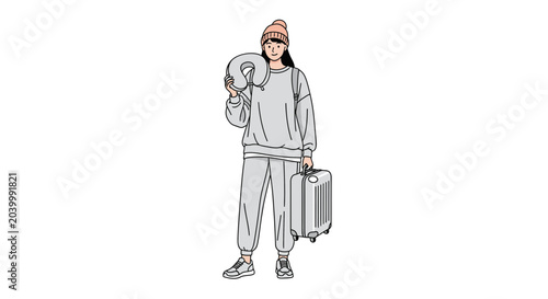 Young Woman Traveling with Luggage and Neck Pillow, Ready for Journey