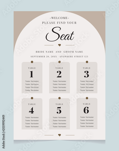 Minimalist Wedding Seating Chart Template with Arch Table Cards