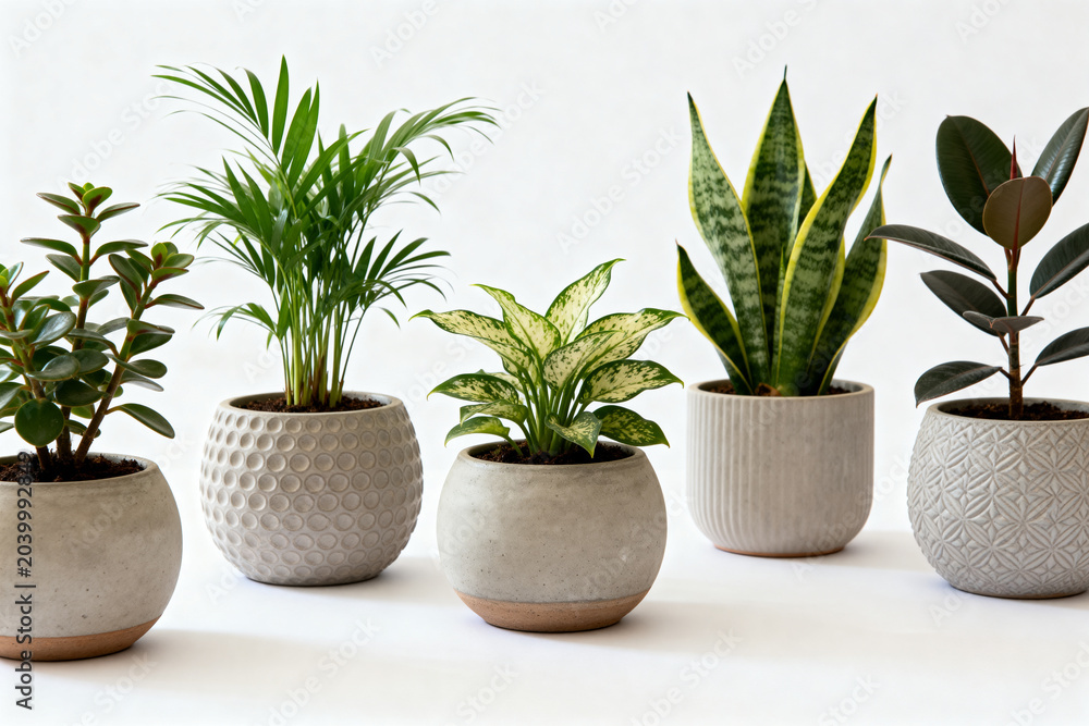 Fototapeta premium Five decorative potted indoor plants in modern textured ceramic pots on white background