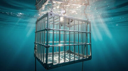 Underwater Shark Cage Diving Adventure in Deep Blue Ocean