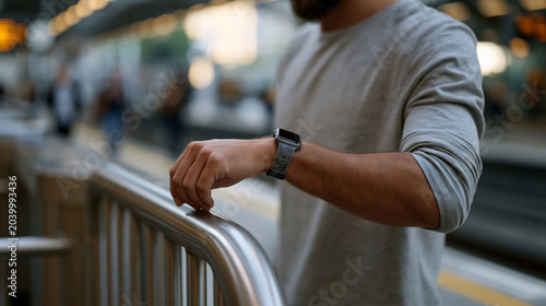 Digital wallet transaction receipt appearing on smartwatch face after transit turnstile tap, commuter glancing wrist mid-stride in rain-soaked underground station, over-the-shoulder view capturing t