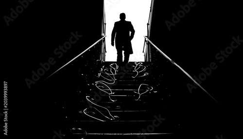Tableau sur toile Silhouette figure standing staircase bright light dramatic shadows ropes cables