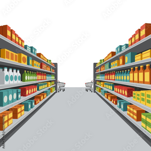 Grocery store aisle with products on shelves and shopping carts.