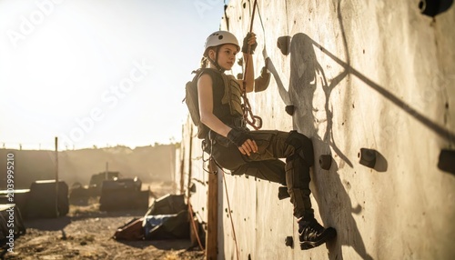 Young Soldier in Full Gear Ascends a Difficult Rope Climbing Wall During Outdoor Obstacle Training