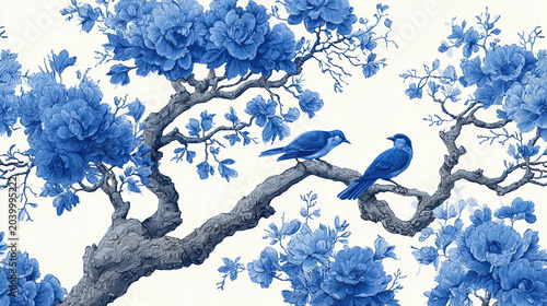 Two elegant blue birds perched on a branch surrounded by delicate blue flowers in classic Chinese porcelain illustration style.