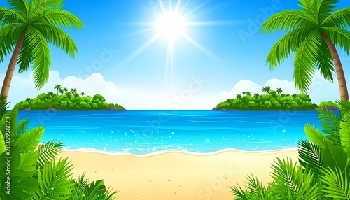 Tropical beach paradise with palm trees and clear blue water.