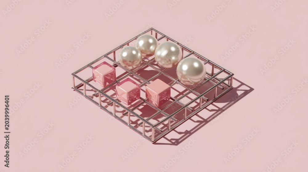Fototapeta premium Metallic grid structure holds glossy pearls and translucent pink geometric shapes against a plain background